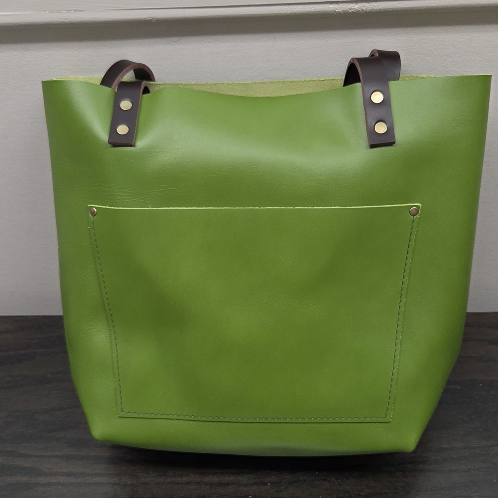Vibrant Green Leather Tote with Brown Accents